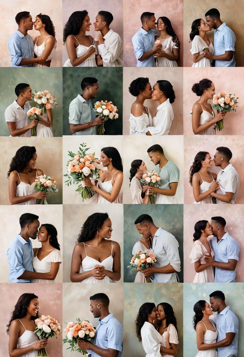 A beautiful collage of diverse couples in various intimate moments, capturing their love stories. Each snapshot should blend into the next, creating a seamless narrative from playful laughter to deep connection. Include warm, soft lighting and gentle pastel colors to evoke feelings of romance and nostalgia. Incorporate elements like flowers, shared experiences, and meaningful objects that tell their stories. painting. soft colors. heartwarming atmosphere.