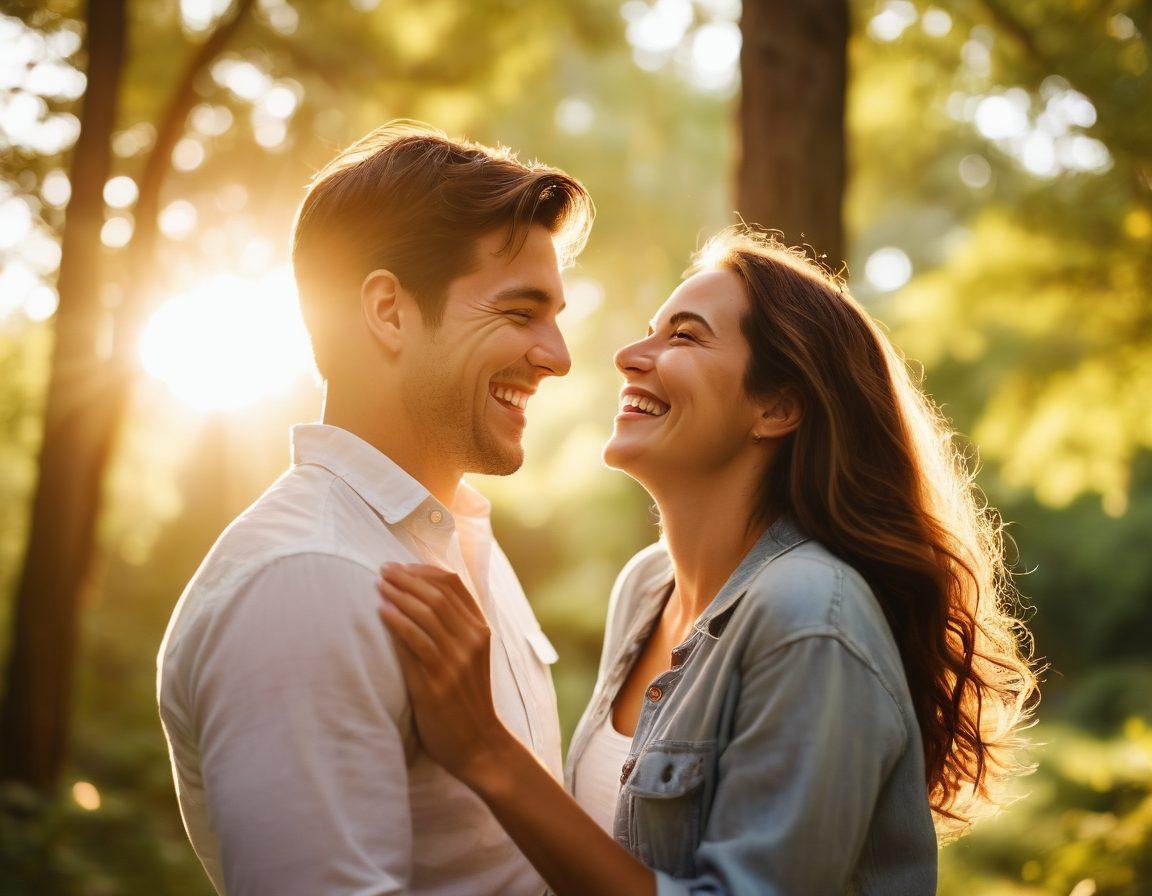 A romantic couple laughing together outdoors, surrounded by soft, golden sunlight filtering through lush trees. The scene captures an intimate moment, with playful glances and genuine smiles, showcasing the beauty of unposed affection. Include a blurred background of a picturesque landscape, enhancing the depth and emotion of the moment. super-realistic. vibrant colors. soft focus.