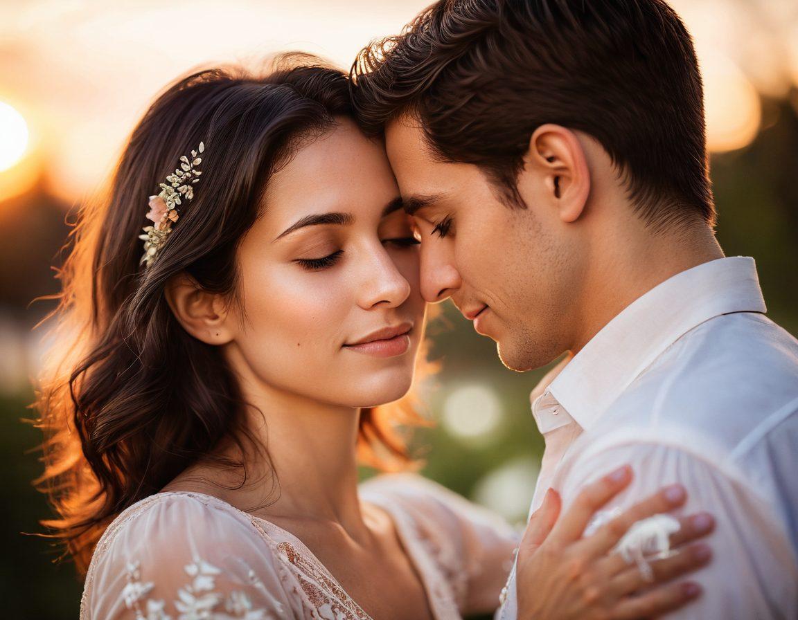 An intimate close-up of a couple embracing under a soft sunset glow, capturing the warmth and tenderness of their expressions. Delicate bokeh effect in the background to enhance romance, with subtle floral elements framing the scene. The couple's eyes are locked in a moment of connection, showcasing genuine emotion and passion. super-realistic. warm colors. soft focus.